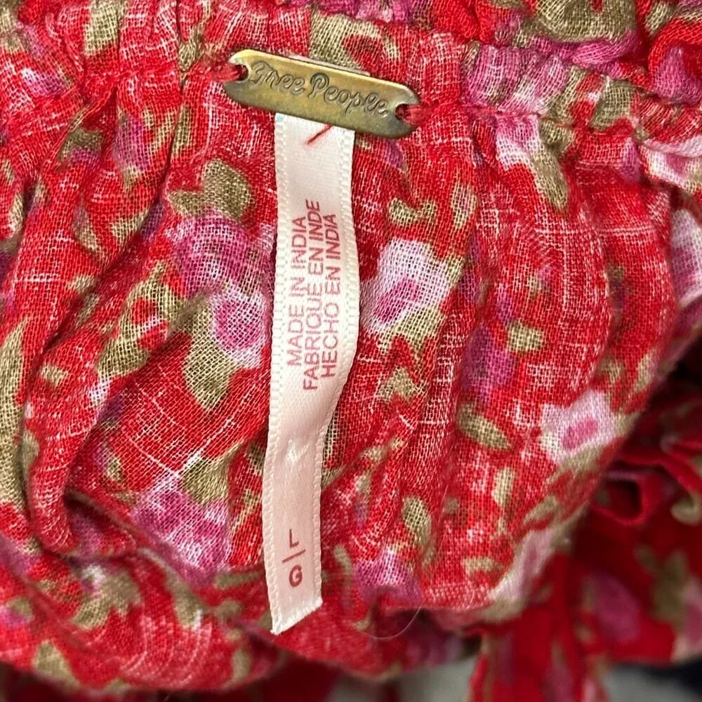 Free People Red Meant To Be Floral Puff Sleeve Blouse Large EUC